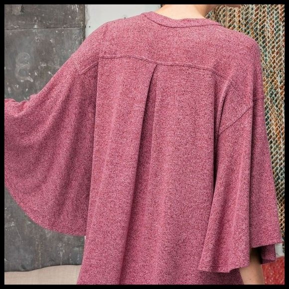 EASEL Hacci Knit Sweater Dress Mandarin Collar V-Neck & Statement Bell Sleeves - Picture 15 of 16